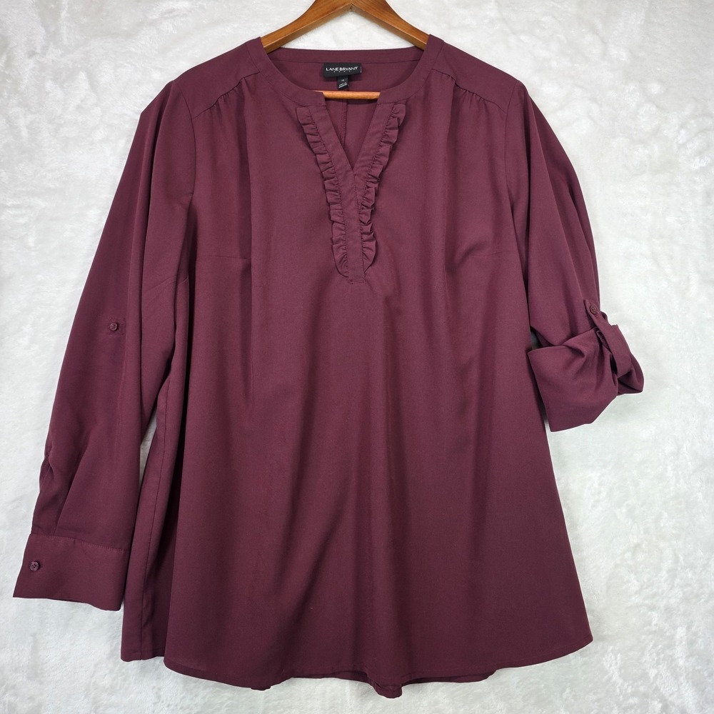 Lane Bryant Blouse Women's Size 14 Burgundy Business Casual Roll Tab Ruffle